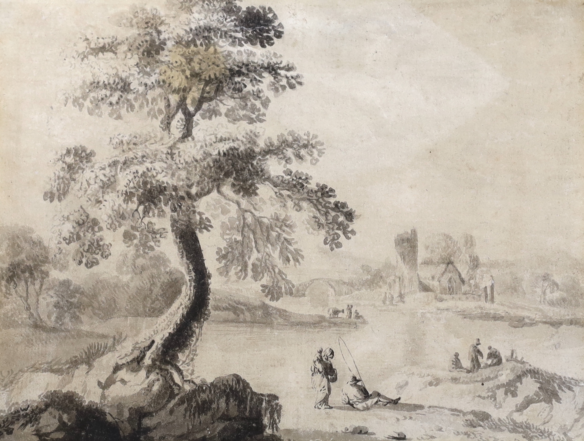 18th century Dutch, old master, ink and wash, Landscape with figures before a church, mounted, 16 x 21cm, unframed